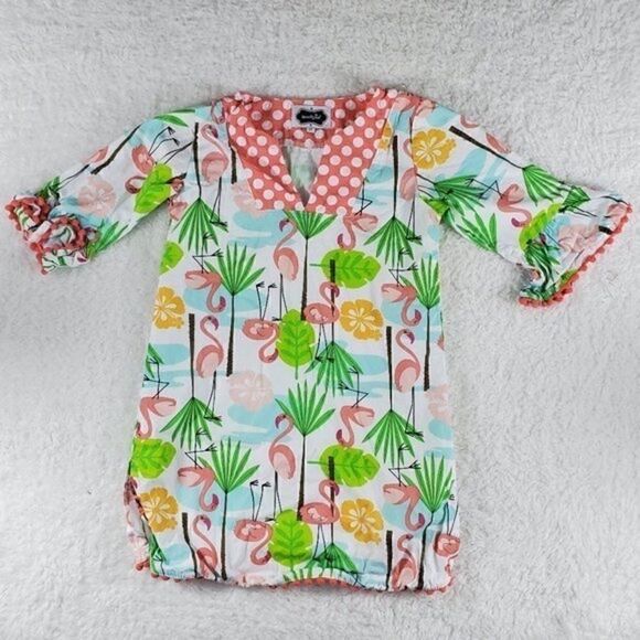 MUD PIE FLAMINGO TROPICAL CAFTAN POM POM TRIM 5T - Picture 2 of 11